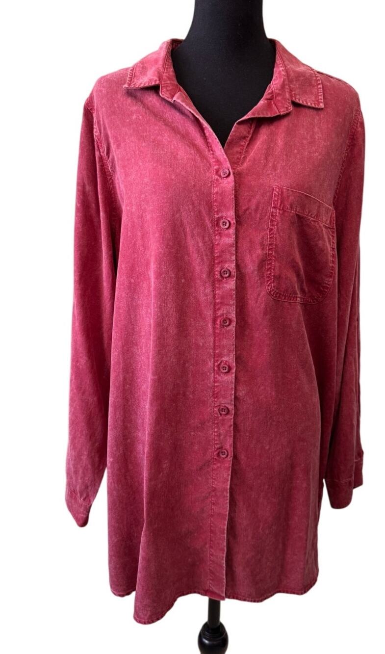New SIDE STITCH Women's Red Corduroy Button Down Oversized Tunic Shirt Size L